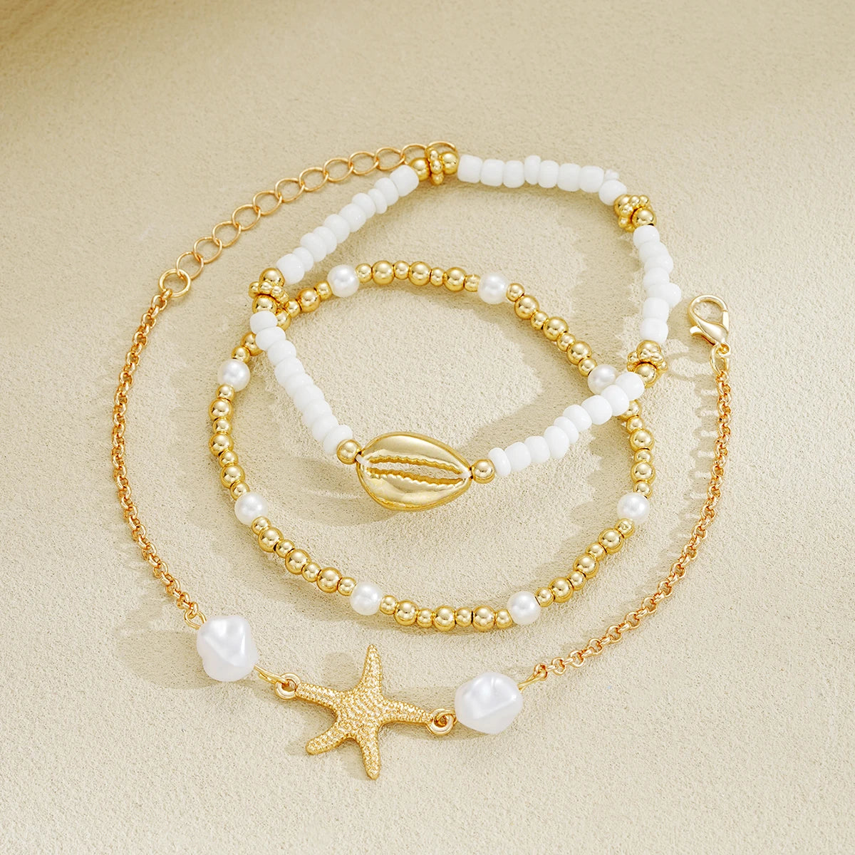 3Pcs/Set Seaside Bohemian Starfish Shells Anklet Set for Women Gold White Color Rice Beads Foot Chain Summer Beach Jewelry Gifts