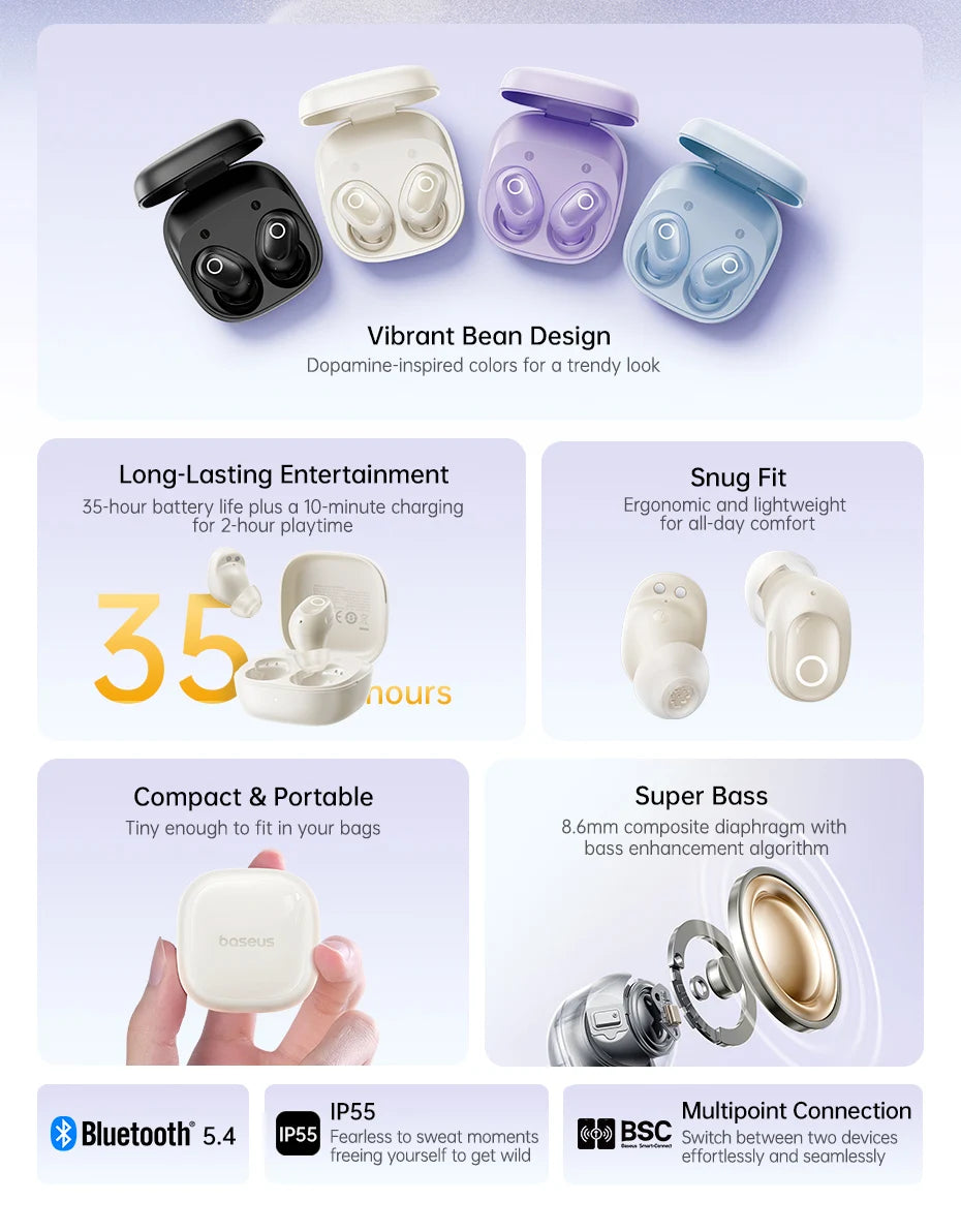 Baseus Bass BD1 Wireless Earphones Bluetooth 5.4 Mini Sports Earbuds,  IP55 Waterproof 0.06s Low-Latency Wireless Headphones