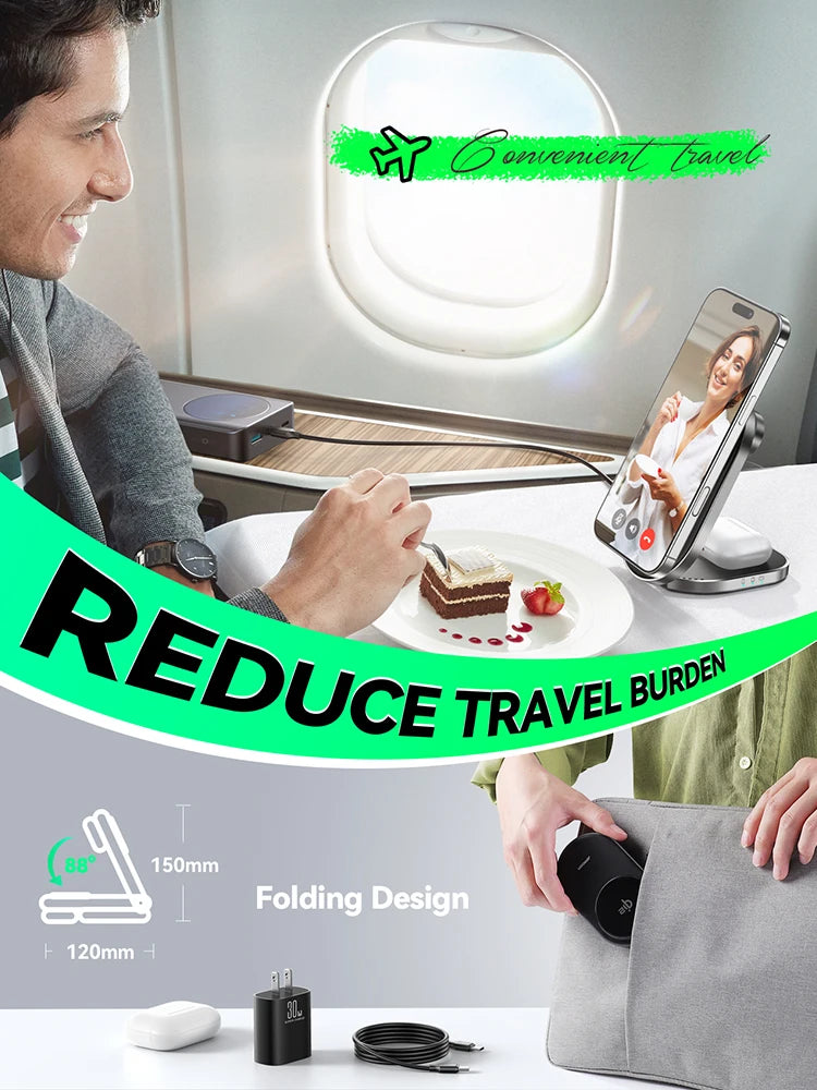 Joyroom Qi2 3 in 1 Wireless Charging Station Foldable Fast Wireless Charger Stand for iPhone 16/15/14/13/12 & Apple Watch JR-W17