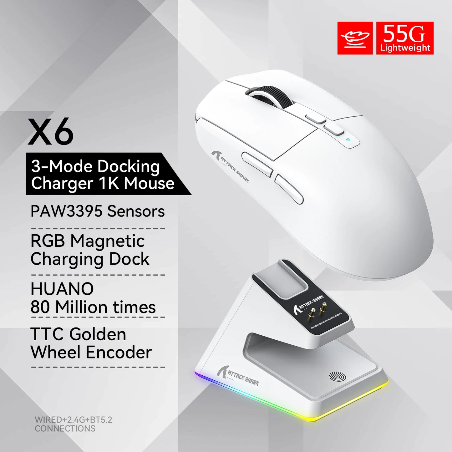 X6 PAW3395 Bluetooth Mouse,2.4 Tri-Mode Connection, RGB Touch Magnetic Charging Base, Macro Gaming Mouse