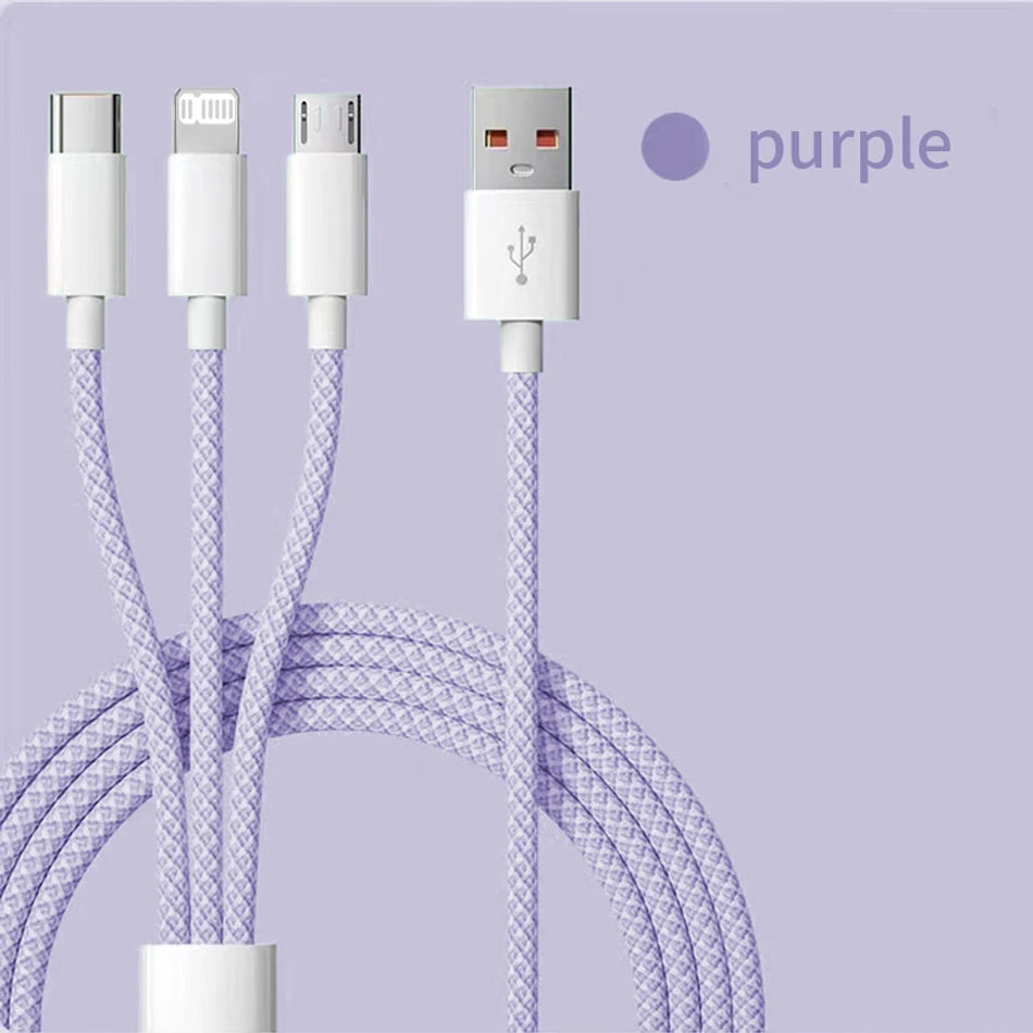 66W 3 In 1 Fast Charging Cable 6A Micro USB Type C Data Cable For Xiaomi Super Fast Charger Nylon Braid Cable 1.2M/2M/3M