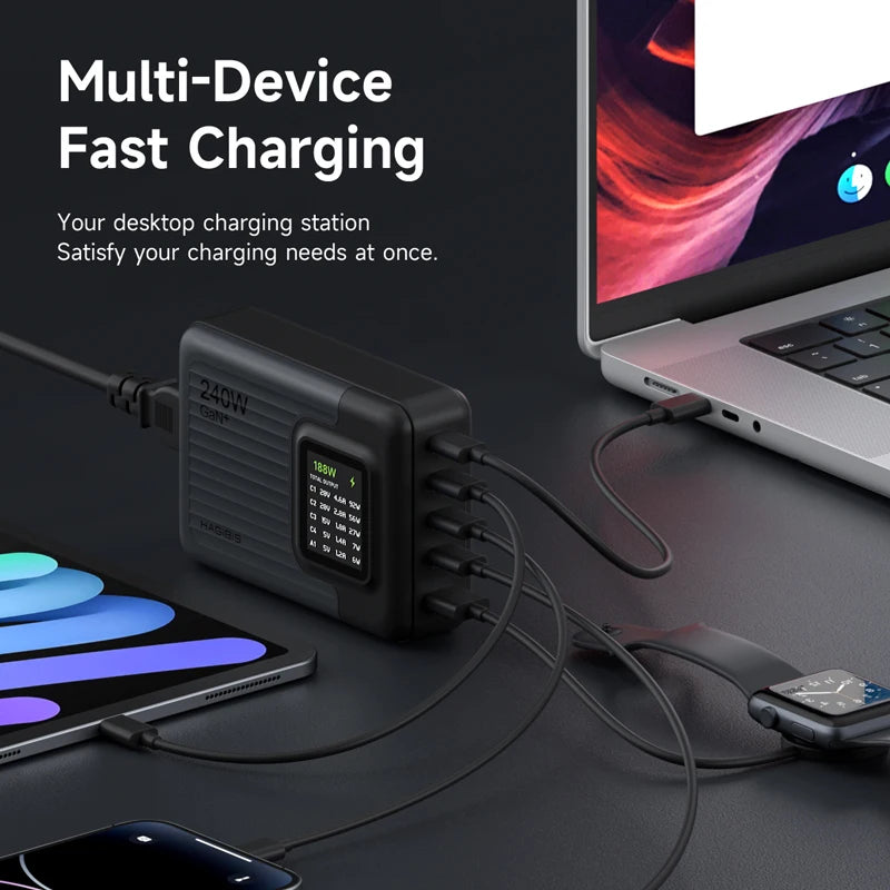 Hagibis 240W USB C Charger 5 Ports GaN 140W PD3.1 Fast Charger Desktop Charging Station with LCD Display For MacBook Pro Laptops