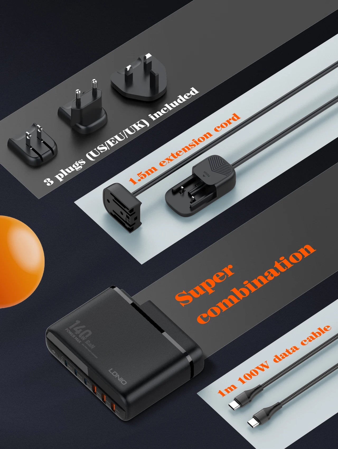 LDNIO Gan 140W Fast Charger Type C Digital Display Cellphones USB Charging For Xiaomi 14 Iphone Charge EU US UK Convertible Plug