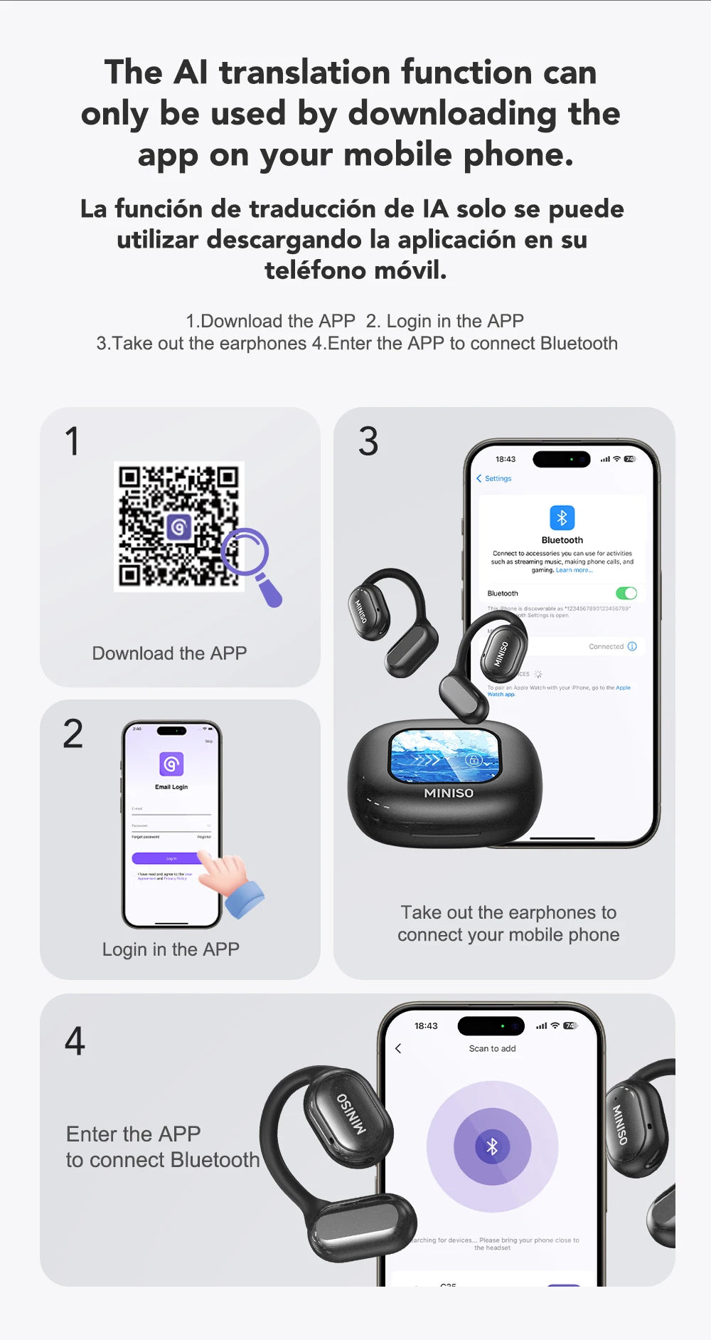 MINISO X30 Wireless Headphones Bluetooth Translation Earbuds Chat Headset Office Travel,real-time Translate Equalizer APP