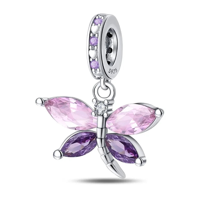 100% 925 Sterling Silver Exquisite Colored Dragonfly Charms Pendants Sparkling Zircon Fit Qikaola Original Bracelets DIY Jewelry