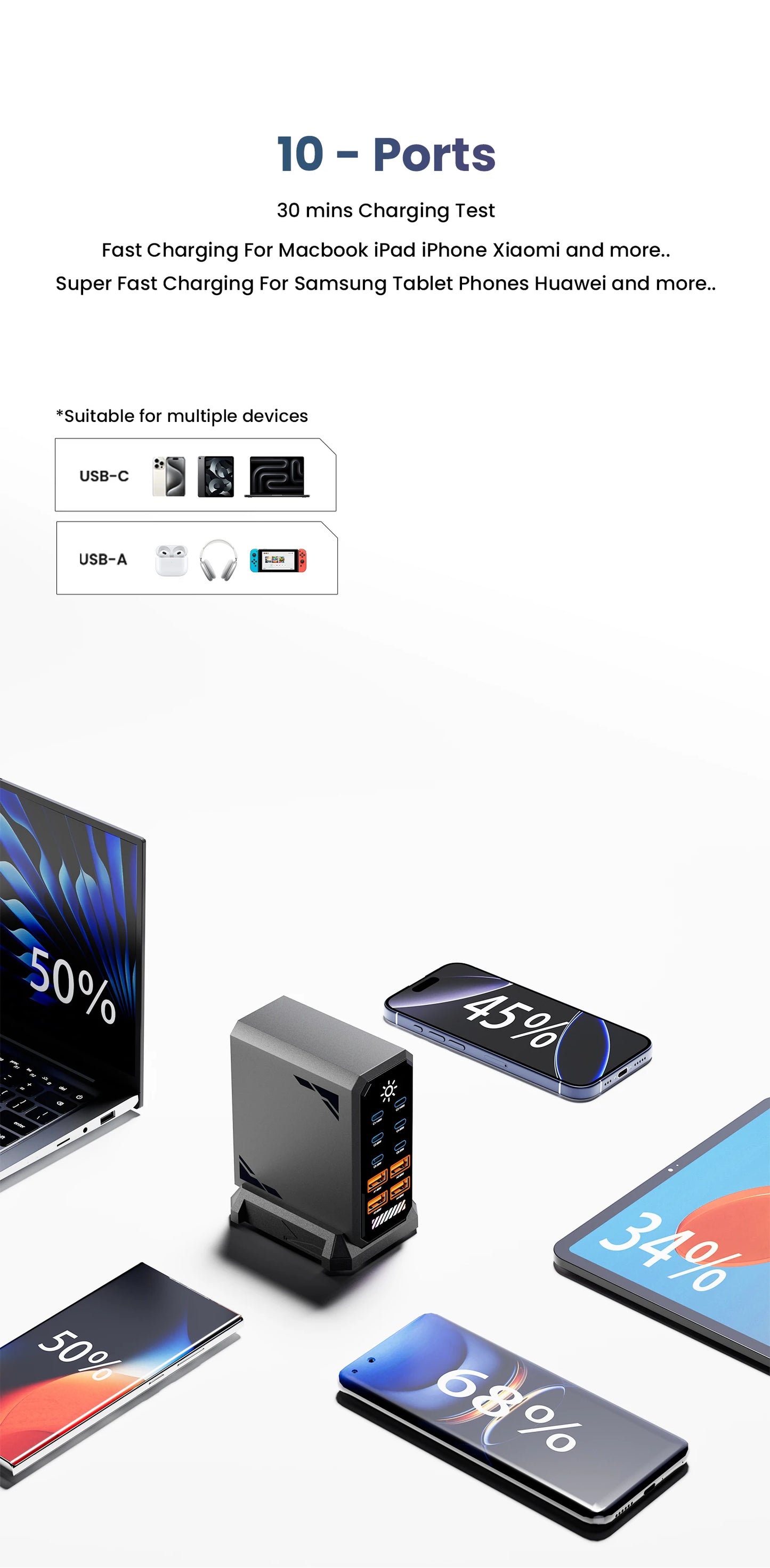 660W GaN USB C Charger Station 10 Port Fast Charger Type C PD3.1 PD3.0 PPS Quick Charger For Macbook Pro iPad iPhone 16 Samsung