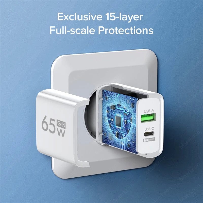 65W GaN USB Charger Type C Fast Charging Mobile Phone Charger Adapter For iPhone Xiaomi Samsung Huawei EU/US Plug Wall Charger