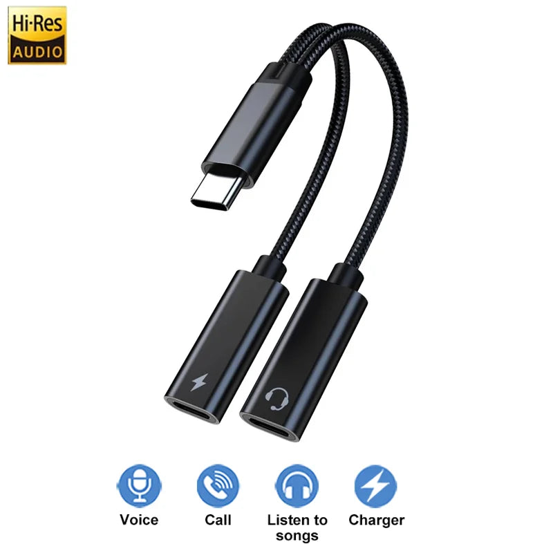 New 2 IN USB C Type C Splitter to Dual Type USB C Headphone Jack Audio Adapter Fast Charging 60W for Samsung iPhone 15 Huawei