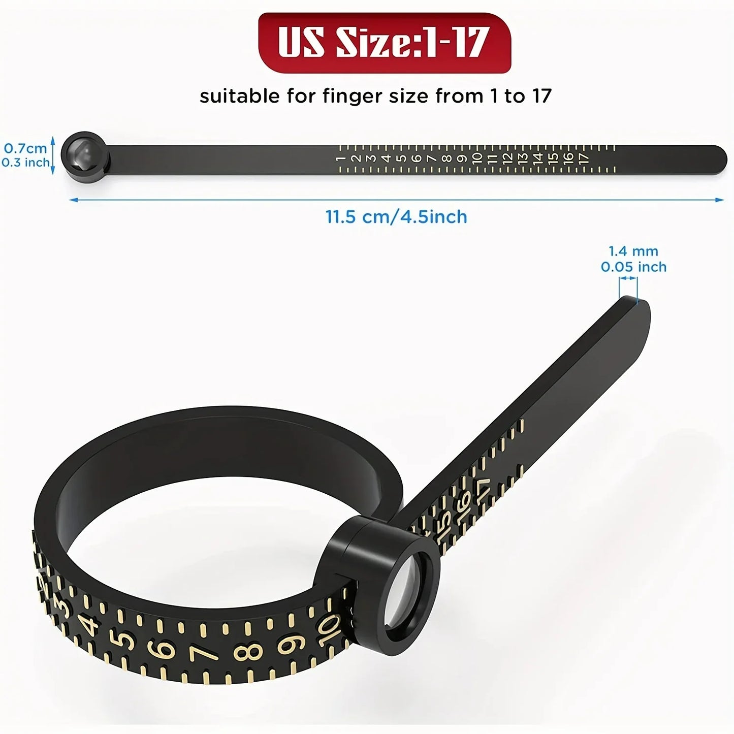 Adjustable Ring Sizer with Magnifier US/UK/EU/HK Size Chart Reusable Finger Measuring Tool for Accurate Ring Sizing