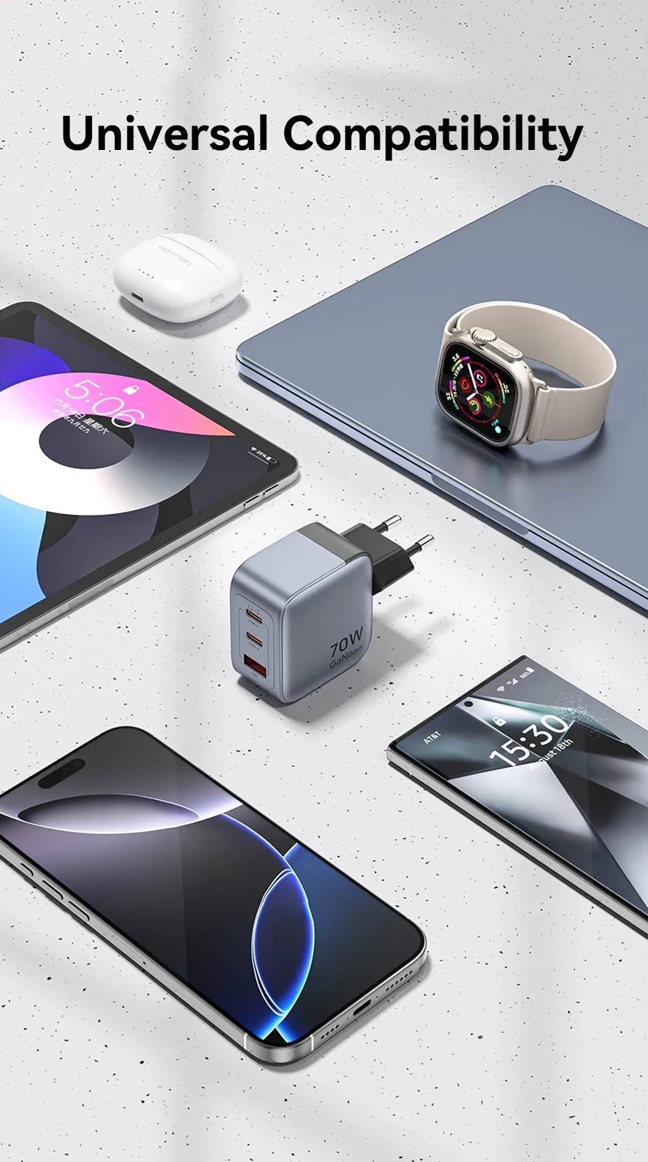 Vention 70W GaN Charger Type C Quick Charge 4.0 3.0 USB Charger For iPhone 16 15 14 Pro Macbook Air Laptop Tablet PD Fast Charge