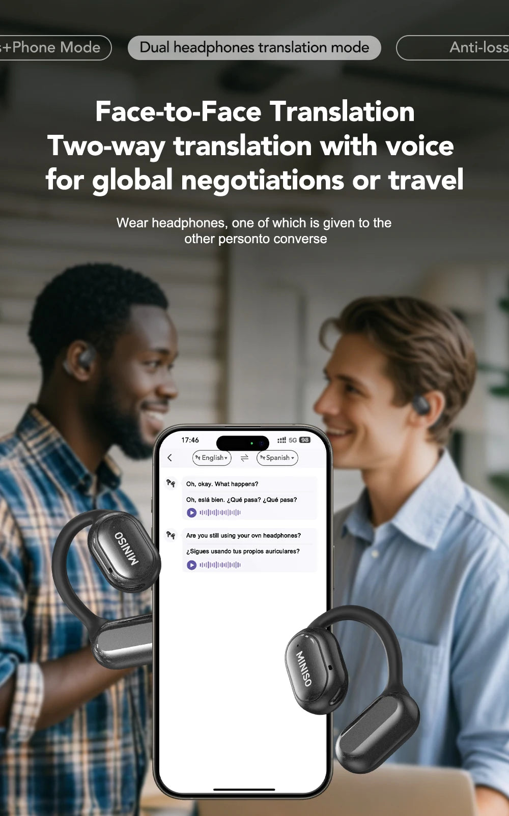 MINISO X30 Wireless Headphones Bluetooth Translation Earbuds Chat Headset Office Travel,real-time Translate Equalizer APP