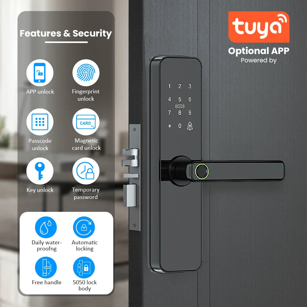 Tuya Wifi Electronic Smart Door Lock with Biometric Fingerprint/IC Card/Password/Key Unlock/Remote Control/USB Emergency Charge