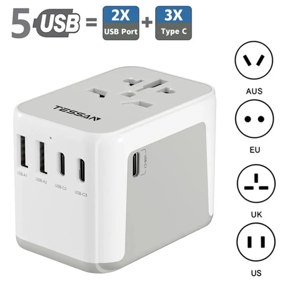TESSAN Universal Travel Adapter with 2 USB Ports & 3 Type C, International Plug All-in-one Wall Charger for US EU UK AUS Travel
