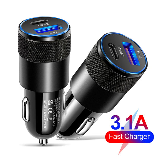 3.1A USB Car Charger Type C Fast Charging Phone Adapter For iPhone Xiaomi Huawei Phone Charger Adapter Socket Cigarette Lighter