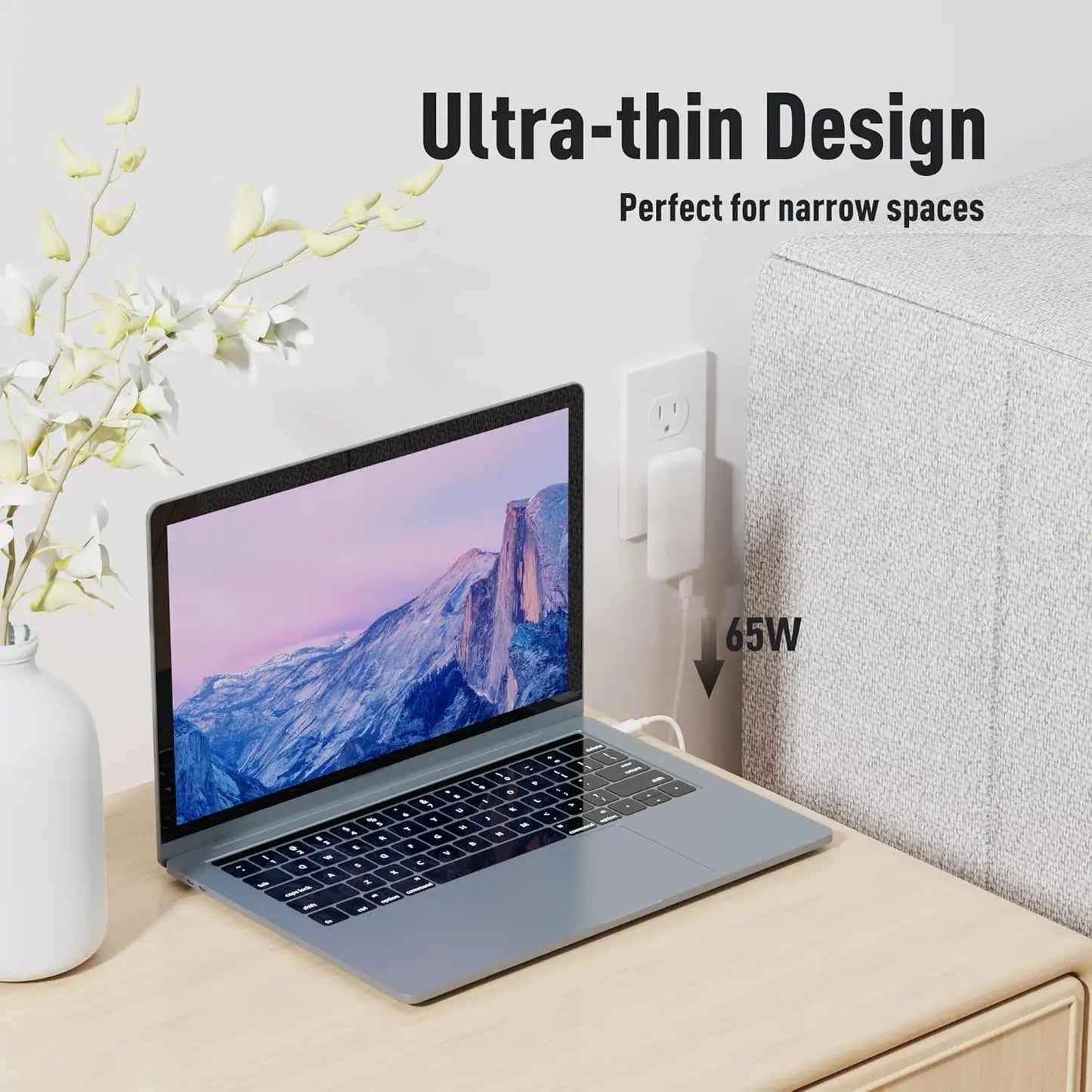 Flat USB C Wall Charger 65W GaN USB-A USB-C Wall Charger Ultra Slim Folding Travel Dual Port USB Wall Charger For Phones Tablets