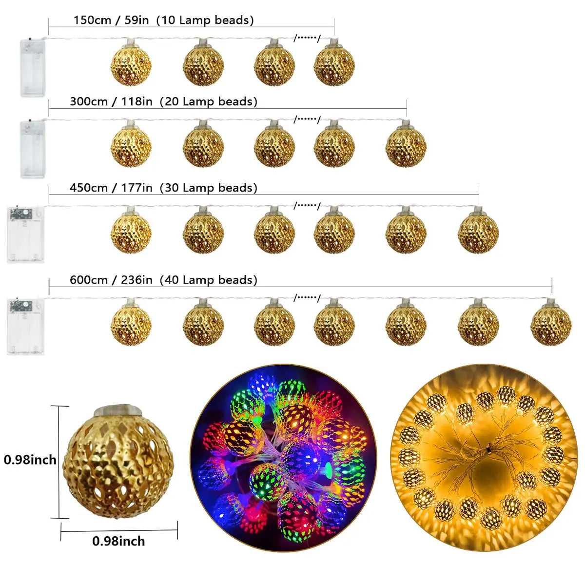 1pc LED Moroccan Fairy Lights Battery Operated Gold Globe String Lights For Home Outdoor Wedding Party Festival Decoration