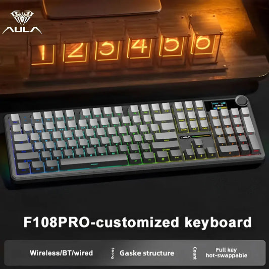 AULA F108 Pro Gaming Mechanical Keyboard Tri Mode Custom Multi-Knob Screen RGB Esports Wireless Keyboard with TFT Smart Display