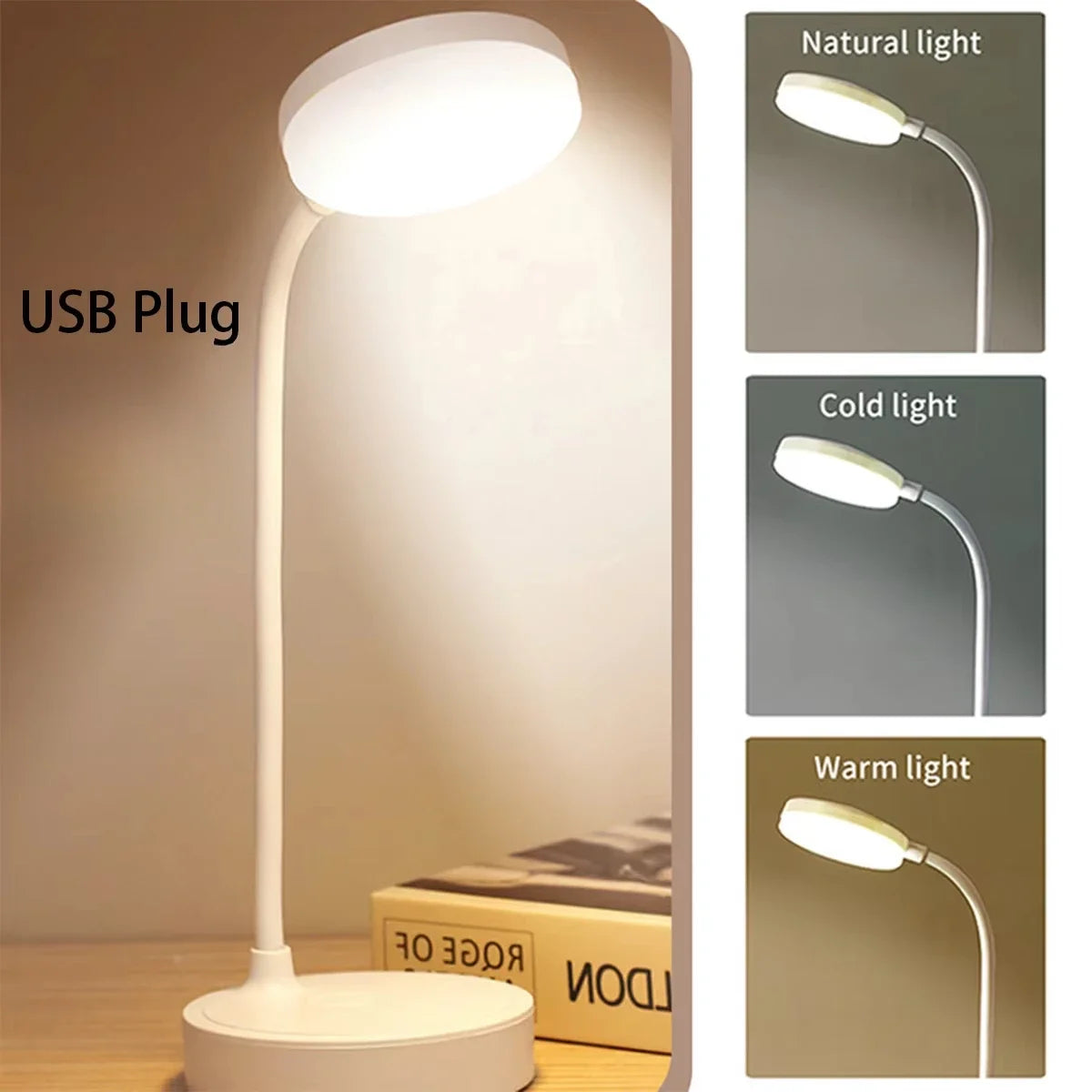 Flexible LED Desk Lamp with 3-Level Dimmer USB Powered Eye-Caring Warm/White Light  Perfect for Home Office Reading & Study