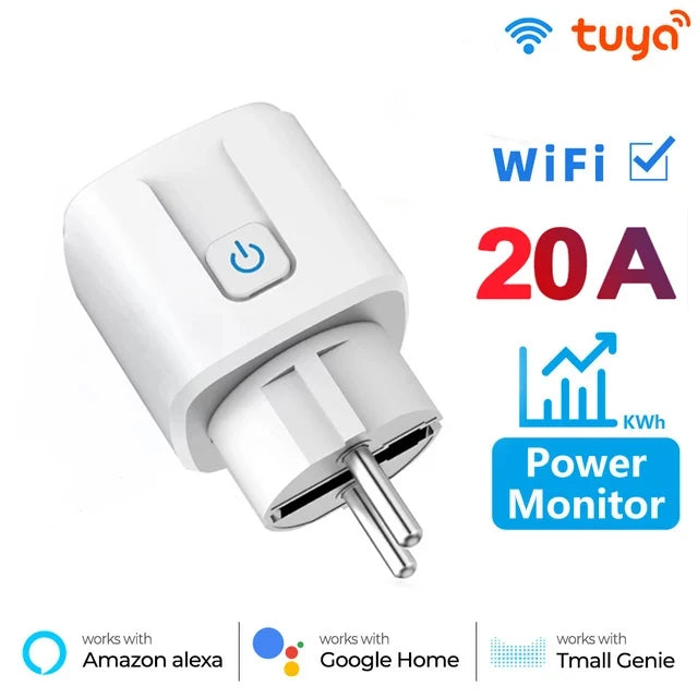 Tuya Smart Wifi Plug 20A Remote Control Smart Socket Outlet EU Power Monitor Timer Function Works with Alexa Google Home