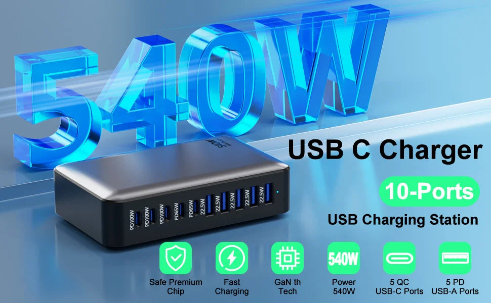 200/300/540/620W GaN high power Multi-Port Fast Charger multiple charging Station for iphone, for MacBook, for Samsung etc