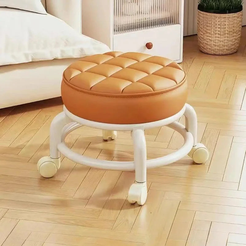 PU Leather Rolling Stool with Wheels - Portable Round Moisture-Proof Ottoman, Thickened Seat Cushion, Low Profile Stool for Vani