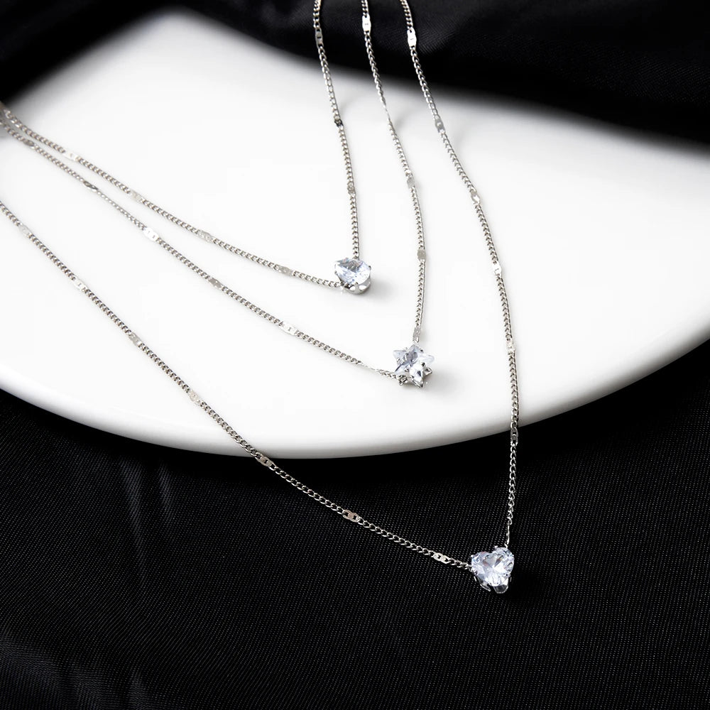 1Pc Multi-layered Dainty Light Luxury Water Drop Love Heart Star Set Chain Pendant Metal Collarbone Necklace Gift For Girl Women