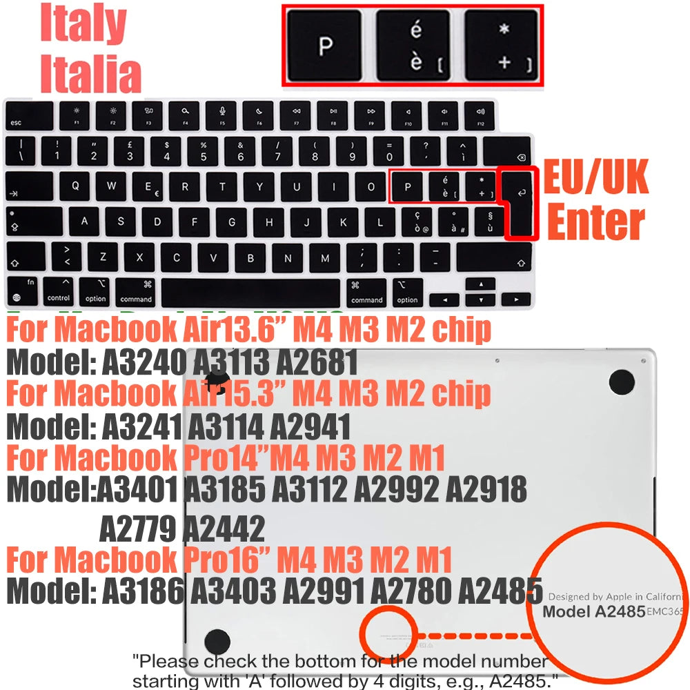 Compatible keyboard cover for 2025 MacBook Air 13.6 M4 A3240 A3113 MacBook Pro14 16 M4 M3 A3185 A3401 A3403 A2991 with touch ID