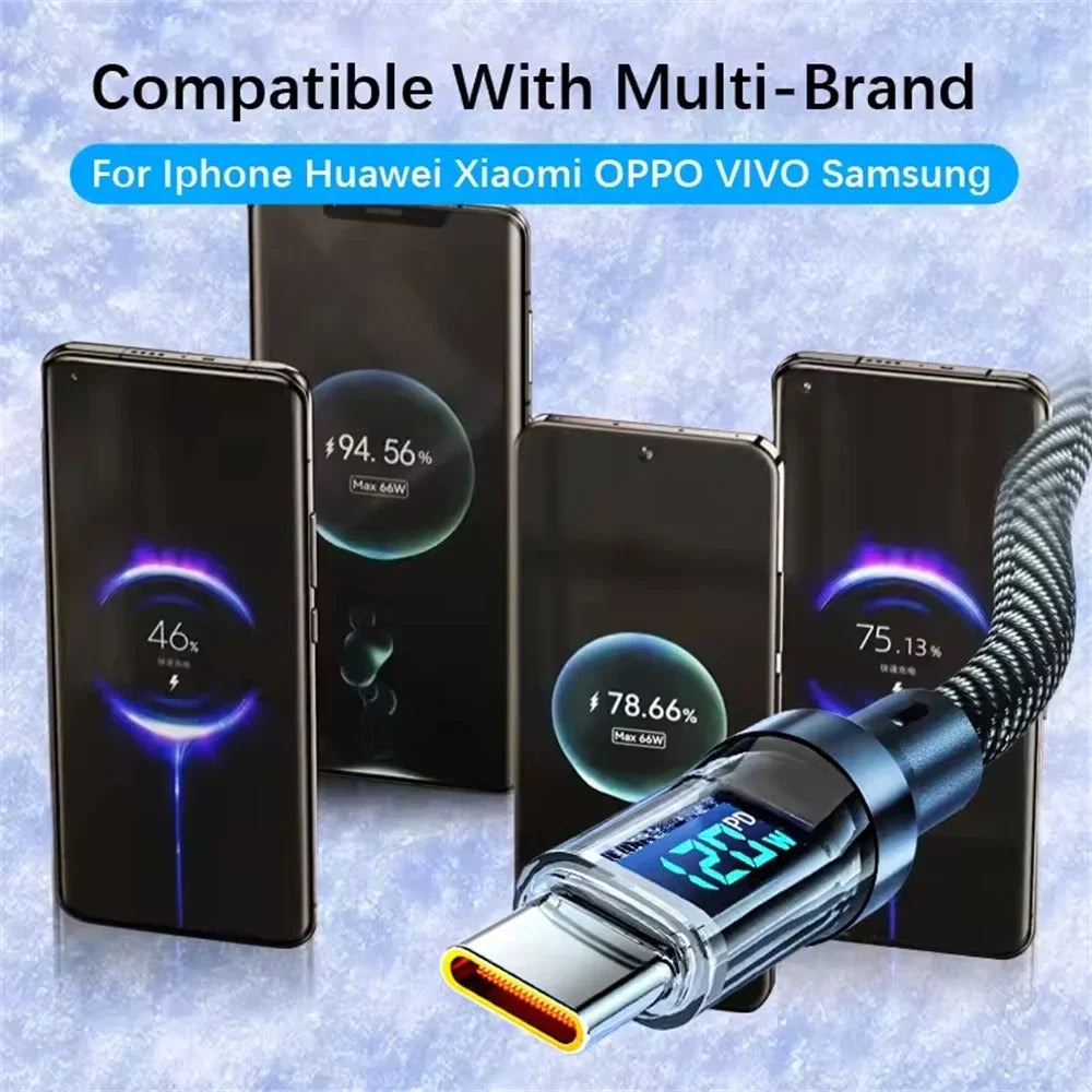 Multi Device Fast Charger Cable 60-120W with LED Display USB A to C and C to C Super Fast Charge for Huwei OPPO iPhone 15 Mac