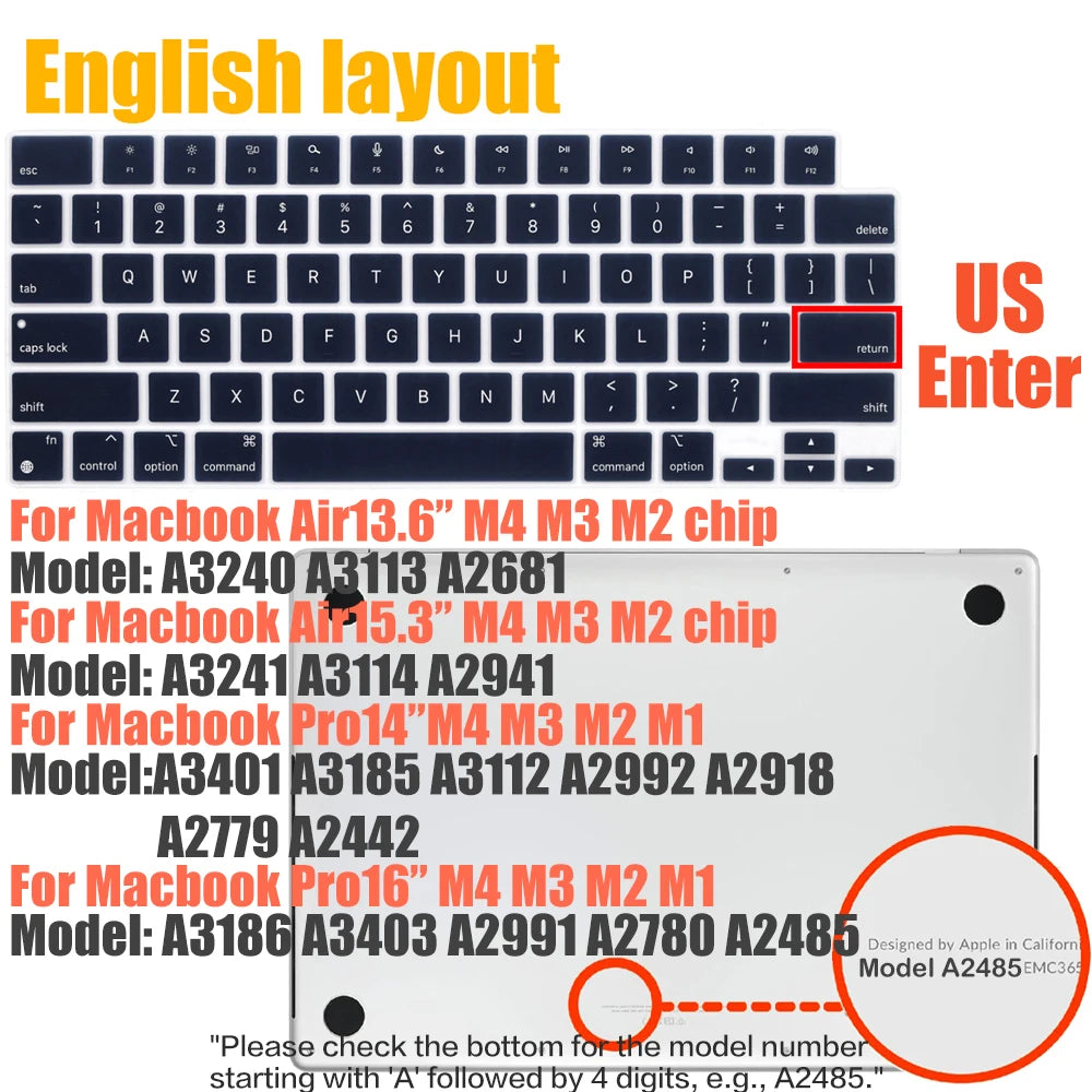 Compatible keyboard cover for 2025 MacBook Air 13.6 M4 A3240 A3113 MacBook Pro14 16 M4 M3 A3185 A3401 A3403 A2991 with touch ID