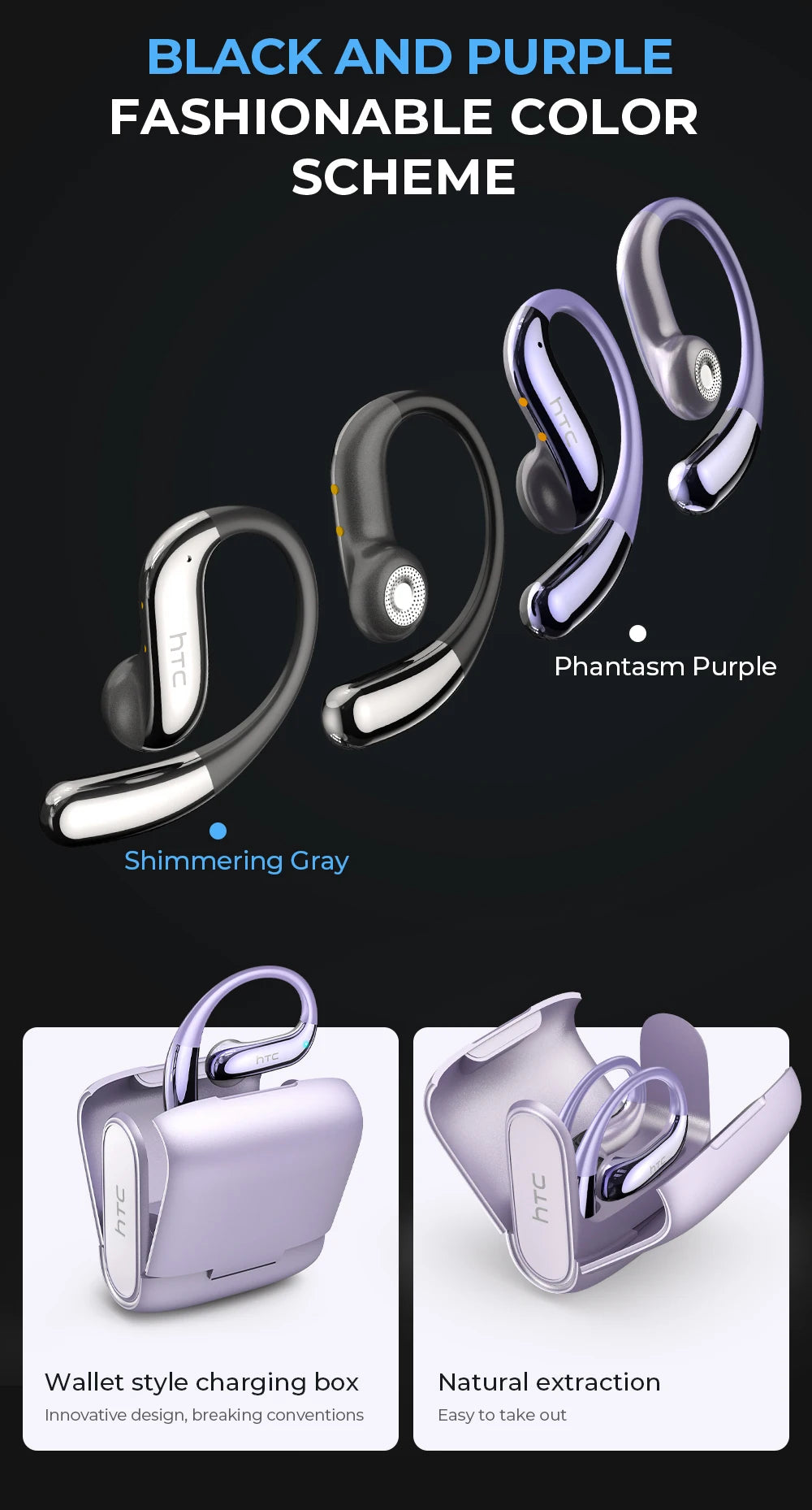 HTC NE23 Earphones Bluetooth V6.0 Open-Ear Wireless Headphones AI Translator Earbuds HD Call Sleek Thin lightweight Earhook