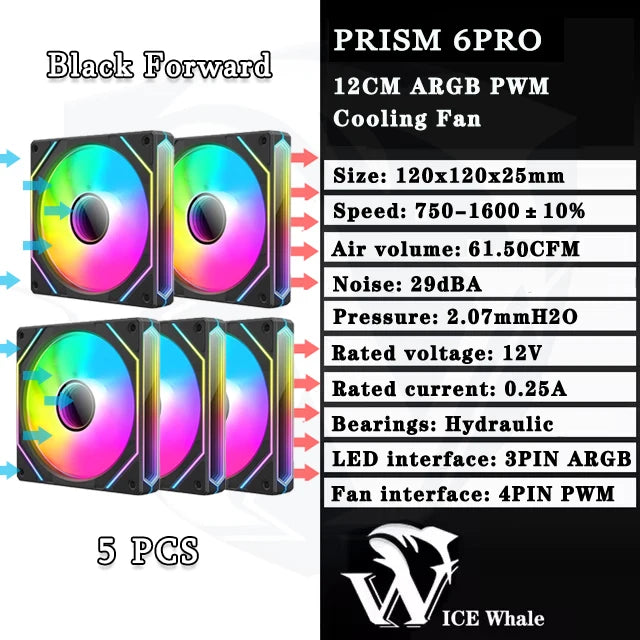 ICE Whale Prism 6PRO PC Case Fan 12cm 3-sided Infinite Mirror 5V 3PIN ARGB Motherboard Lighting Sync 4PIN PWM Silent Cooling Fan