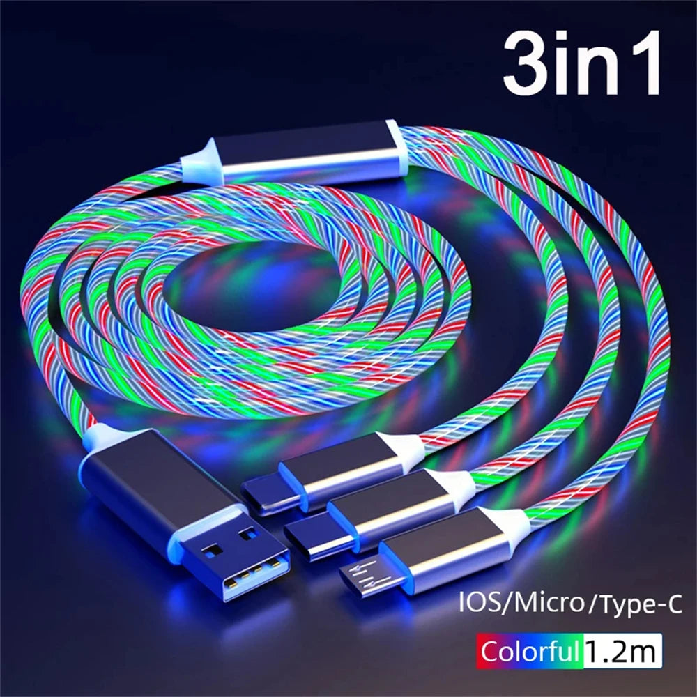 NNBILI 3 IN 1 Glowing LED Light party Phone Charger Luminous USB Type C Cable For Xiaomi iPhone 14 Samsung S24 Phone Accessories