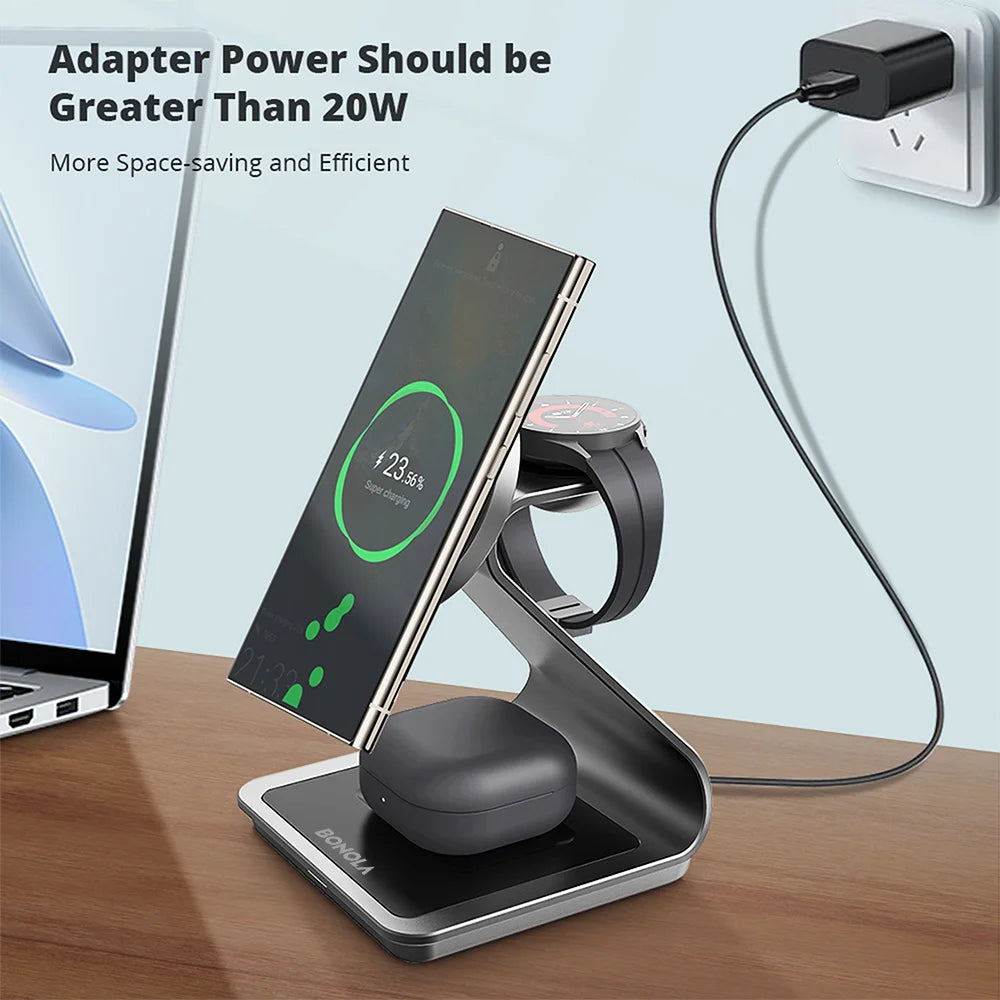 Bonola Magnetic 3 in 1 Wireless Charger Station for Samsung S24 Ultra/S25 25w Fast Charging Stand for Galaxy Watch 7/6/5/Earbuds