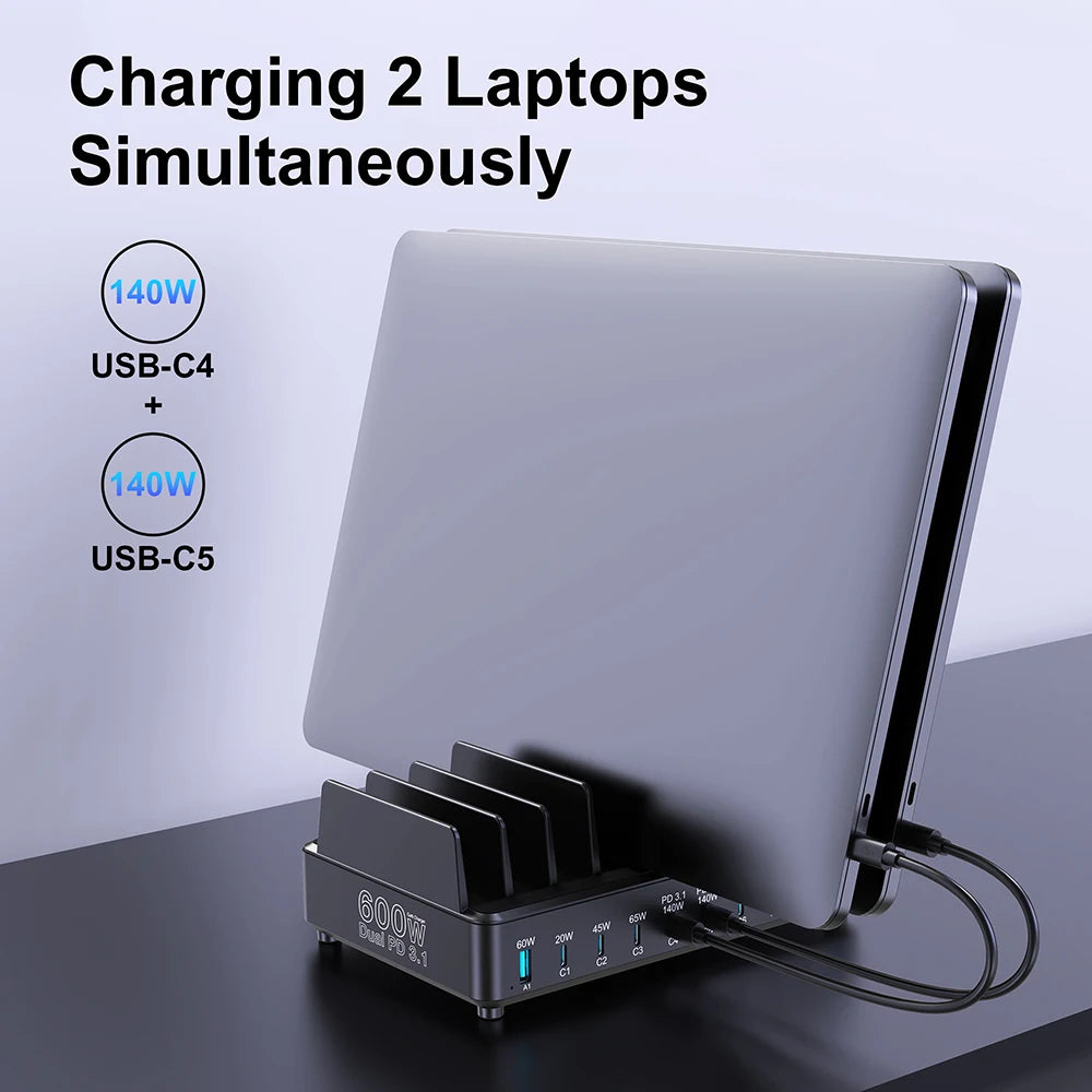 Ueetop 600W Multi USB Fast Charger 10-Port GaN PD 3.1 Charging Station Stand for MacBook iPhone 16 15 iPad Samsung Tablet Laptop