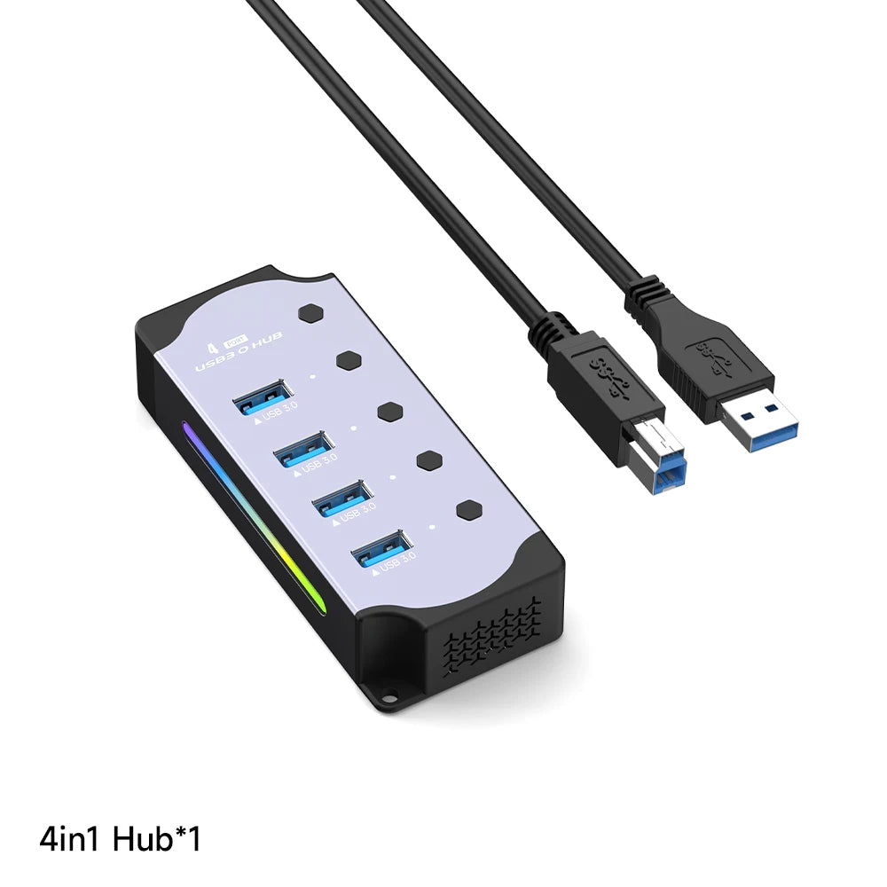 10 in 1 Powered USB HUB USB 3.0 Interface Individual Switch RGB E-Marker Heat Dissipation Design DC 5V Power Supply Adapter