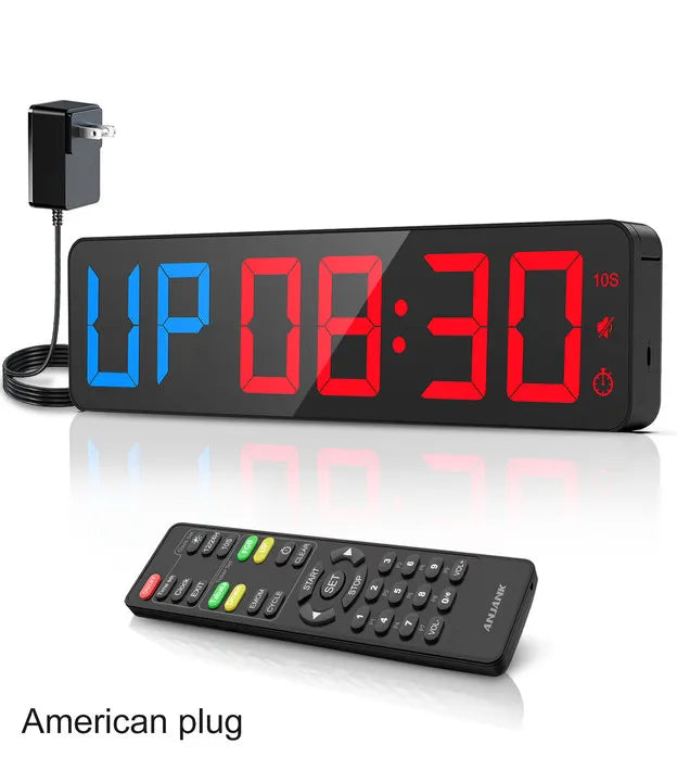 Gym Timer 15" Large LED Display Wall Clock,Interval Workout,Count Down & Up,Stopwatch, Adjustable Volume,Upgraded Remote