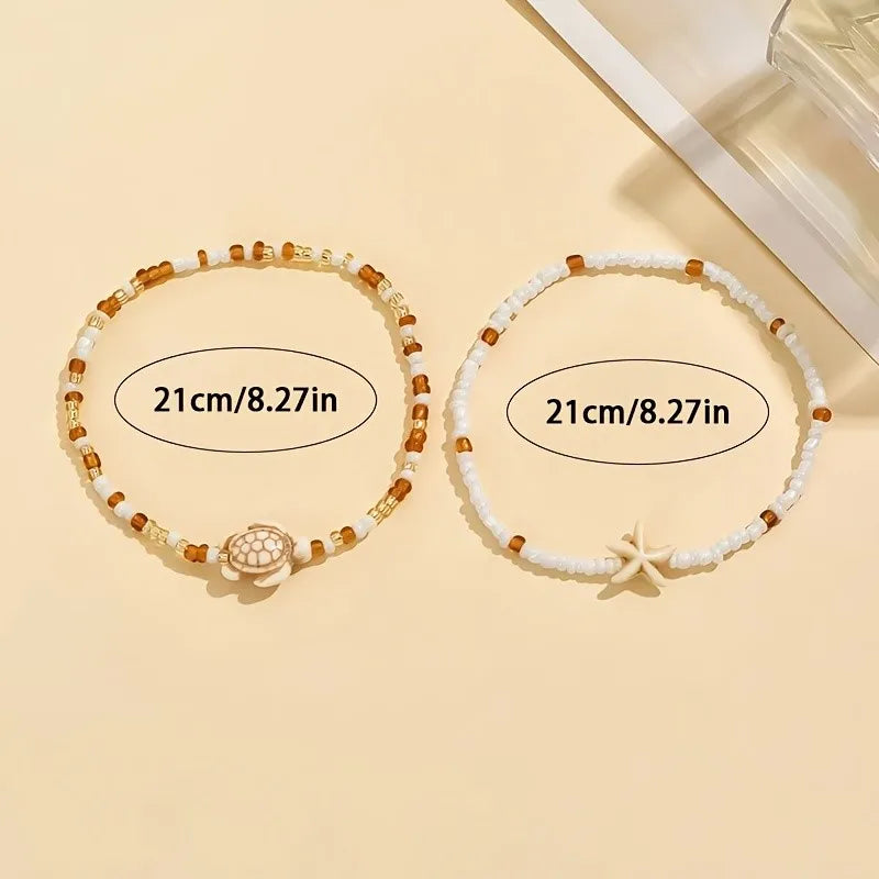 2pcs Brown Starfish And Turtle Designs Pendant Anklet for Women Summer Ocean Theme Foot Jewelry Ideal for Beach Vacations
