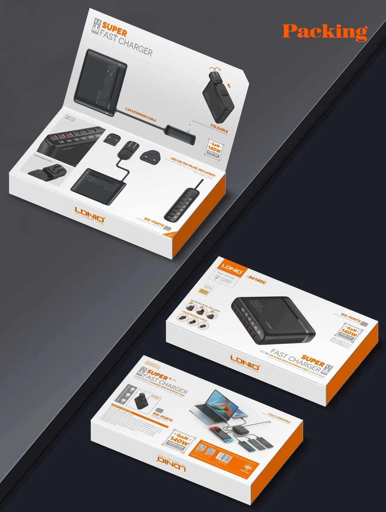 LDNIO Gan 140W Fast Charger Type C Digital Display Cellphones USB Charging For Xiaomi 14 Iphone Charge EU US UK Convertible Plug