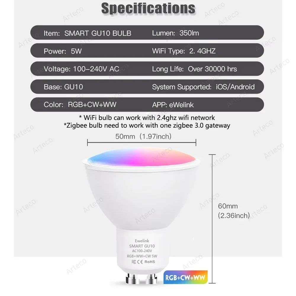 GU10 Zigbee/Wifi Led Light Bulb RGB CW WW Spotlights Led Bulbs Smart Led Lamp Work With Alexa Echo Hub Google Yandex Smartthings