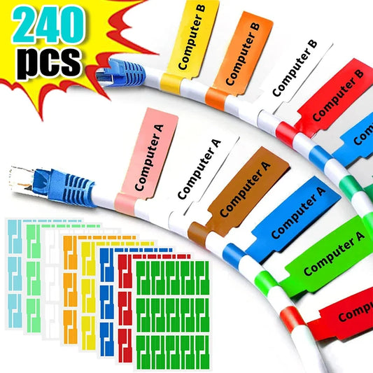 240pcs Self-Adhesive Cable Labels Waterproof Wire Marking Tags Cable Management Colorful Handwriting Cord Sticker Tear Resistant