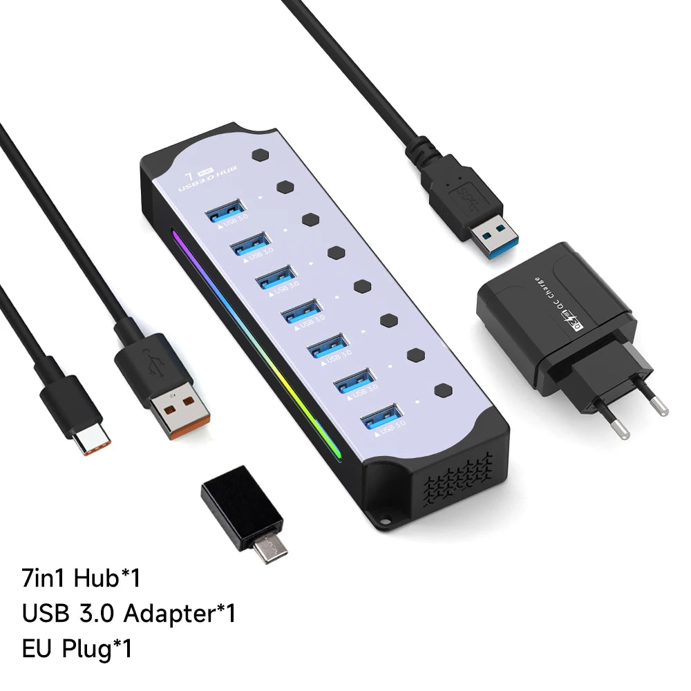 10 in 1 Powered USB HUB USB 3.0 Interface Individual Switch RGB E-Marker Heat Dissipation Design DC 5V Power Supply Adapter