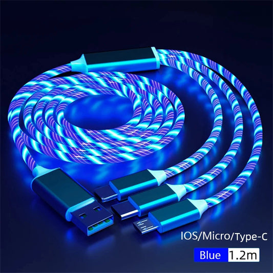 NNBILI 3 IN 1 Glowing LED Light party Phone Charger Luminous USB Type C Cable For Xiaomi iPhone 14 Samsung S24 Phone Accessories