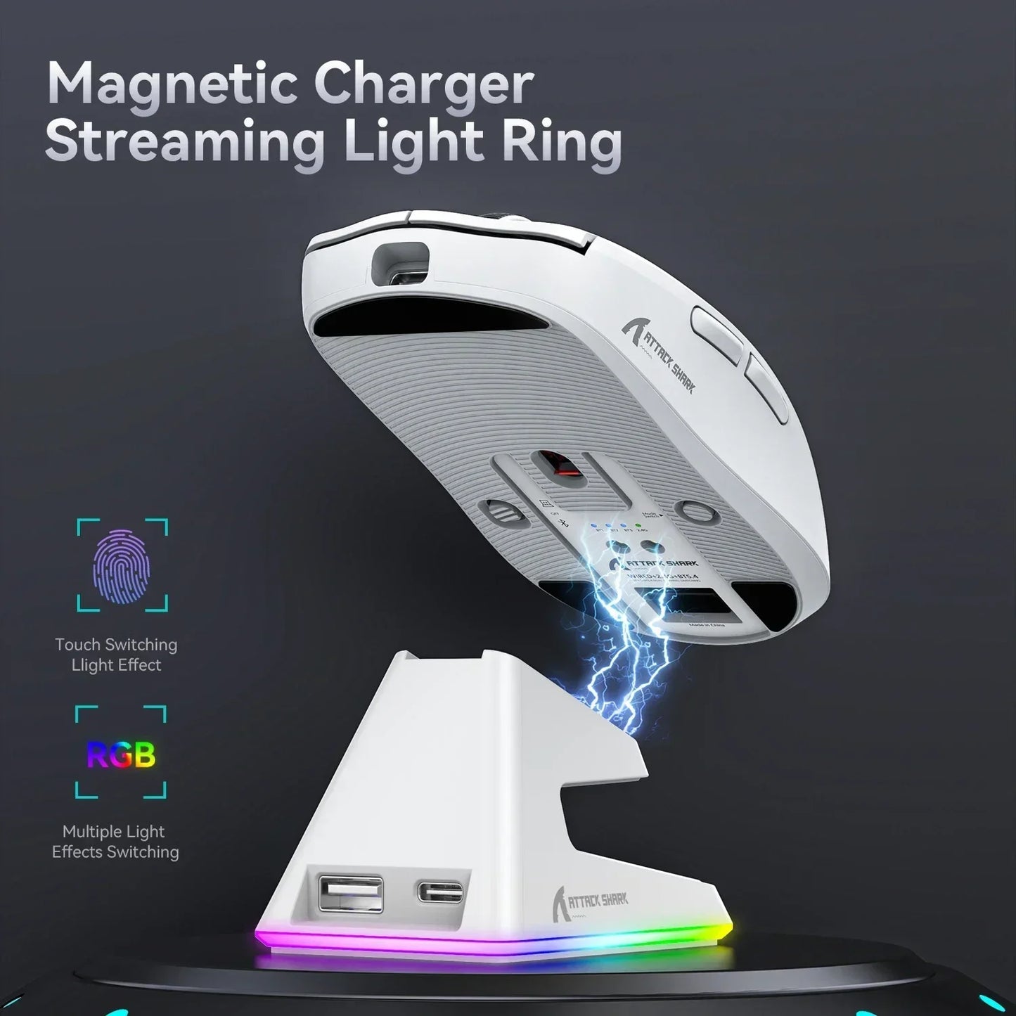 Attack Shark X6 PAW3395 Bluetooth Mouse,2.4 Tri-Mode Connection, RGB Touch Magnetic Charging Base, Macro Gaming Mouse