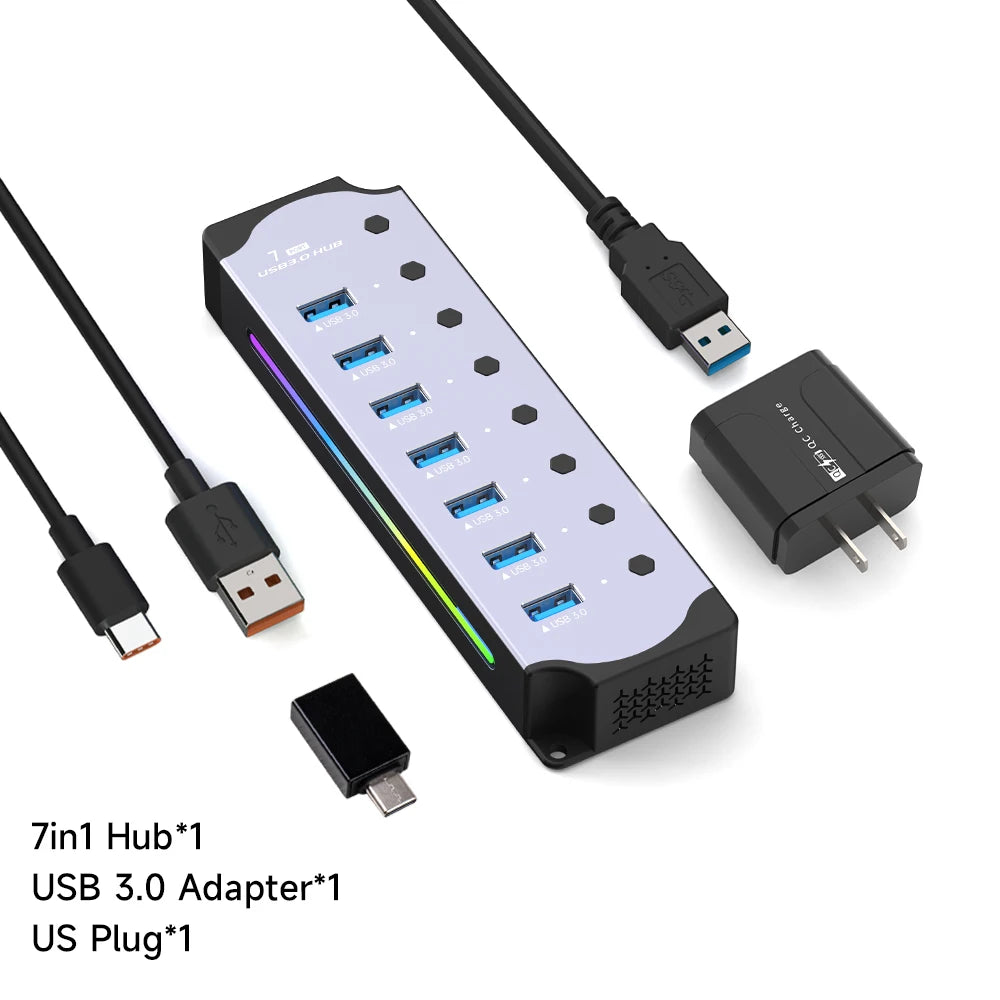 10 in 1 Powered USB HUB USB 3.0 Interface Individual Switch RGB E-Marker Heat Dissipation Design DC 5V Power Supply Adapter