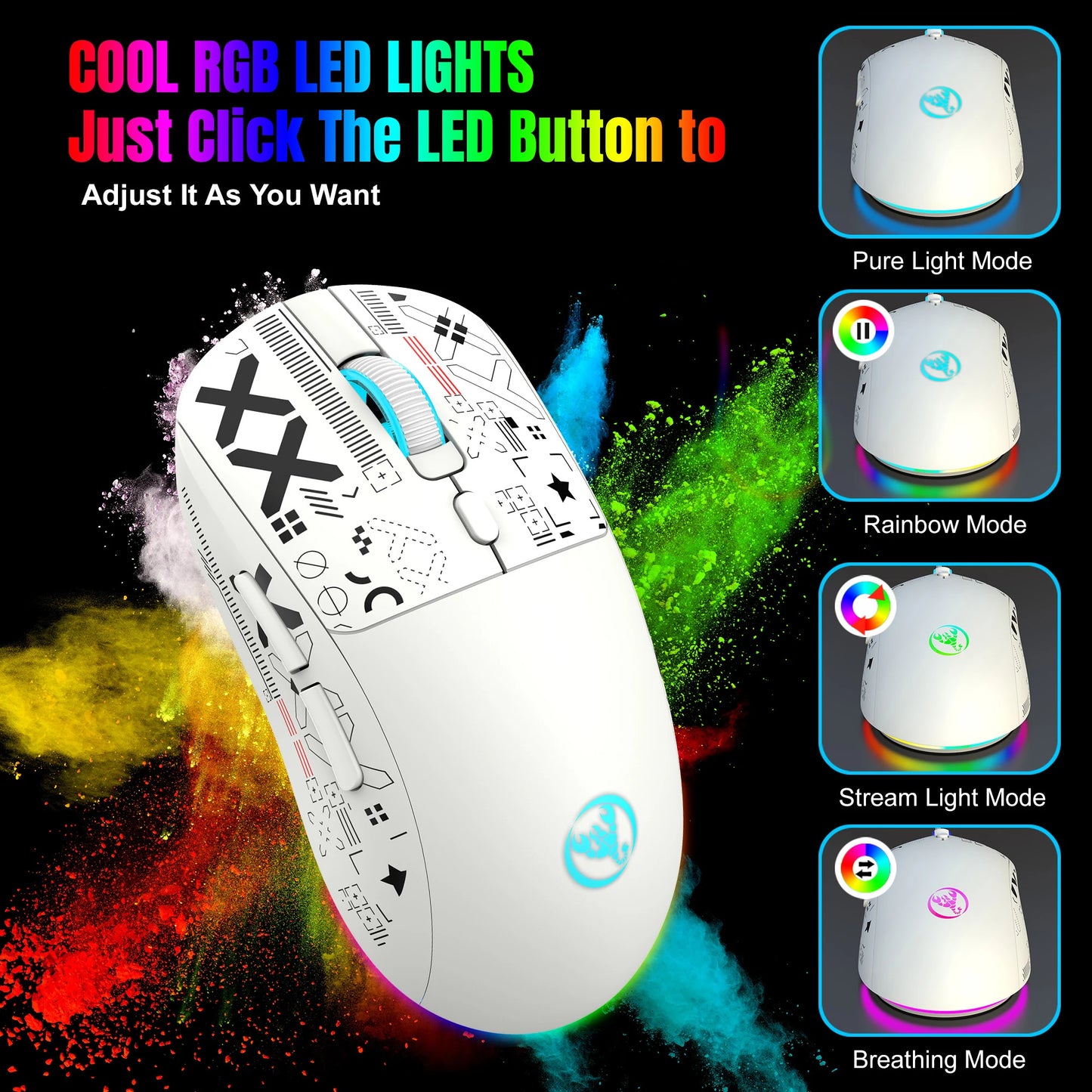 T90 Wireless Bluetooth Mouse RGB (BT1/BT2+ USB) 2.4GHz Rechargeable Silent Bluetooth Wireless Mouse with Type C Adapter