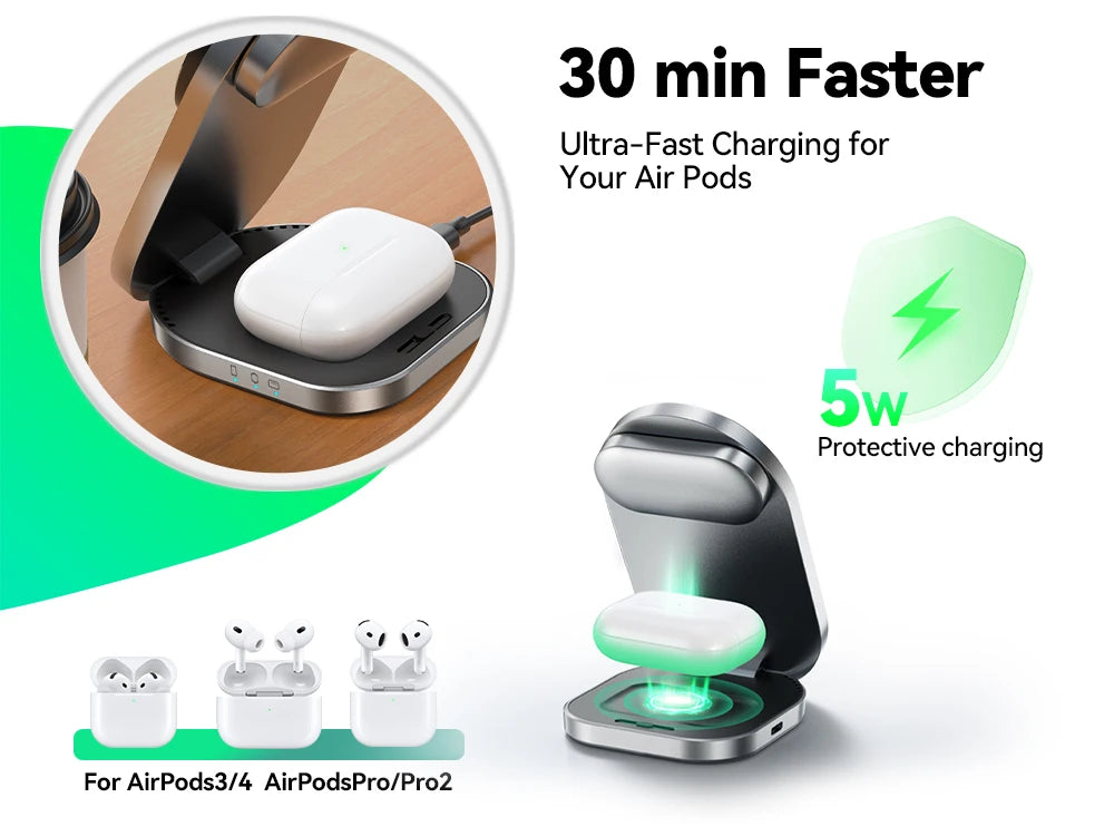 Joyroom Qi2 3 in 1 Wireless Charging Station Foldable Fast Wireless Charger Stand for iPhone 16/15/14/13/12 & Apple Watch JR-W17