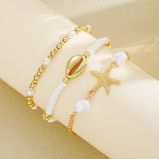 3Pcs/Set Seaside Bohemian Starfish Shells Anklet Set for Women Gold White Color Rice Beads Foot Chain Summer Beach Jewelry Gifts