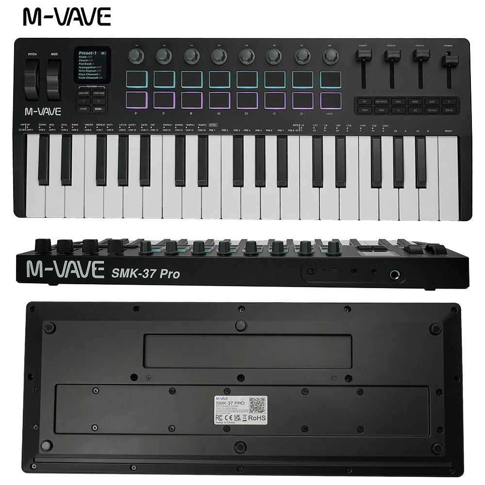M-VAVE SMK-37 PRO MIDI Controller Keyboard 16 RGB Pads 8 Knobs Software Compatible for Music Production