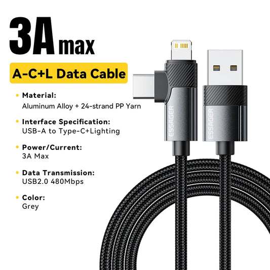 Essager PD 2 in 1 USB A Cable Type C To Lightning Fast Charging Cable For iPhone 16 15 14 13 11Pro Max iPad Xiaomi Huawe Samsung