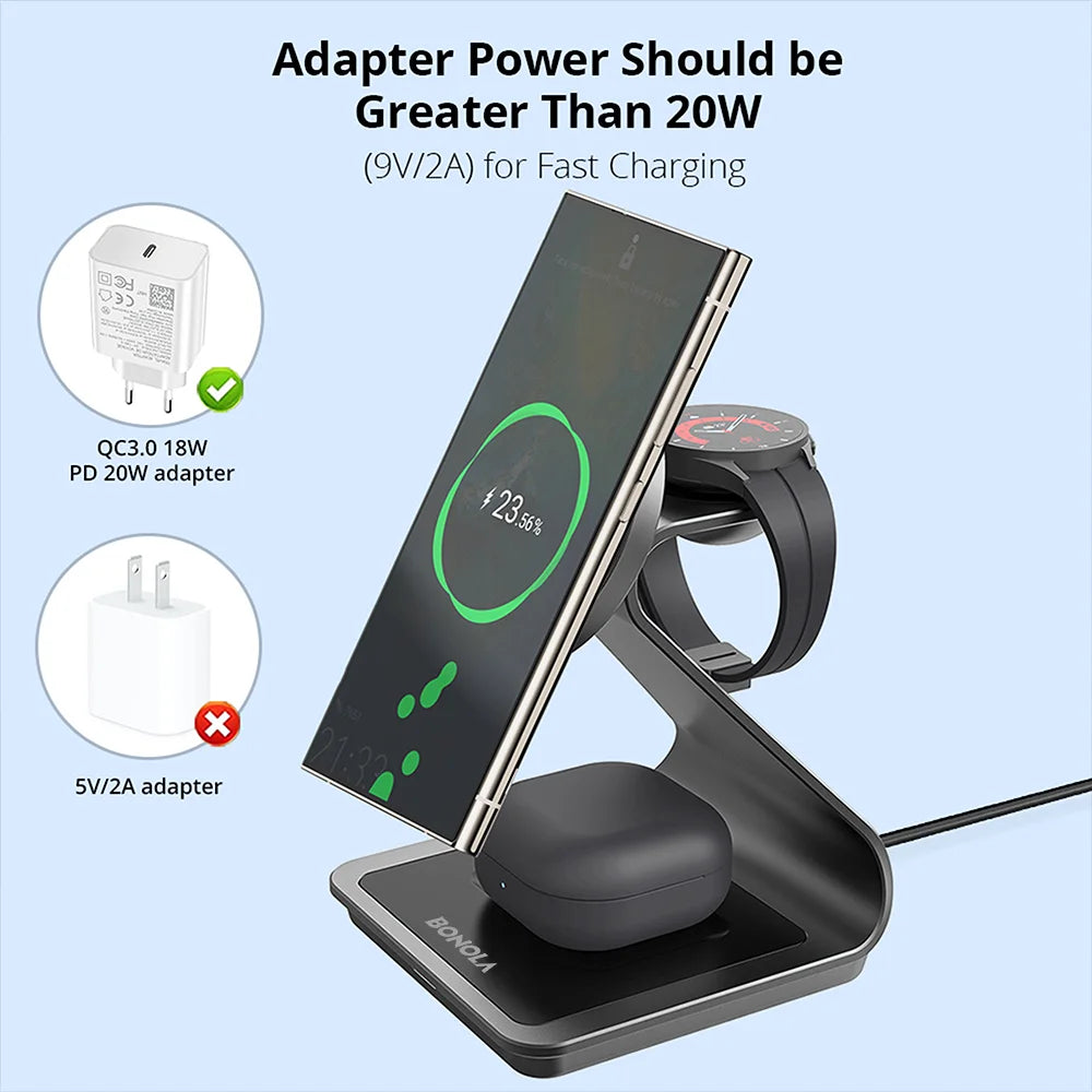 Bonola Magnetic 3 in 1 Wireless Charger Station for Samsung S24 Ultra/S25 25w Fast Charging Stand for Galaxy Watch 7/6/5/Earbuds
